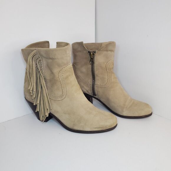Sam Edelman Louie Western Ankle Boot Beige Fringe Stacked Heel Size 8 - Picture 5 of 16